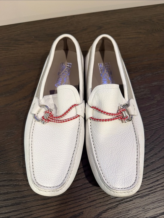 Salvatore Ferragamo White Leather Loafers with Red Braided Accent main image 6